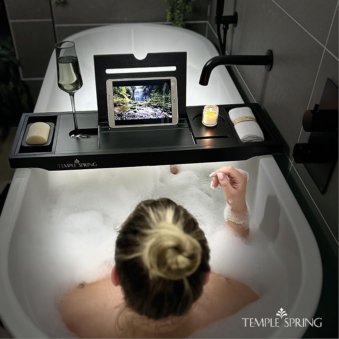 Bamboo Bathtub Tray Caddy for Tub — Expandable Wood Bath Tray with Solid Book Stand Wine Holder and Non-Slip Pads — Includes Bamboo Soap Dish and Spa Accessories — Luxury Bath Gift Set