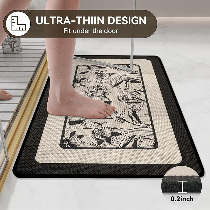 Non Slip Bath Mat, Thin Bathroom Rugs Fit Under Door, Black 20x31 | Quick Dry Absorbent, Rubber Backing Washable Bathmat, Shower Mat for Bathroom Floor, Tub and Outside Shower, Home Decor