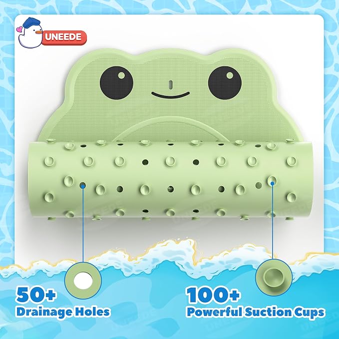 UNEEDE Kids Bathtub Mat Non Slip, Soft Rubber Shower Mat for Toddler | Machine Washable Baby Bath Mat with 100+ suction cups and 50+ Drainage Holes, 30"x18" Cute Frog Design, Baby Bath Essentials