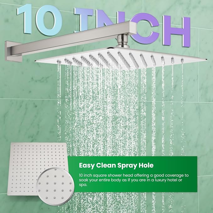 gotonovo Shower Faucet Set with Handheld Spray Brushed Nickel,10'' Head | SUS304 Rainfall Shower Head and Handle Set System Fixture,Pressure Balance Valve Trim Kit,Single Handle,Wall Mount,All Metal