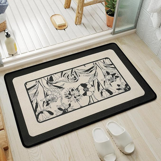Non Slip Bath Mat, Thin Bathroom Rugs Fit Under Door, Black 20x31 | Quick Dry Absorbent, Rubber Backing Washable Bathmat, Shower Mat for Bathroom Floor, Tub and Outside Shower, Home Decor
