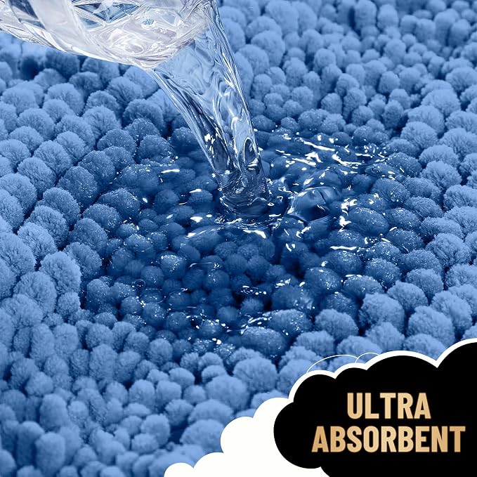OLANLY Thick Bathroom Rugs 30x20, Soft Chenille Bath Rugs, Cornflower Blue | Rubber Backing, Machine Wash, Extra Absorbent Striped Bath Mats for Bathroom Floor, Tub and Shower, Home Decor Accessories