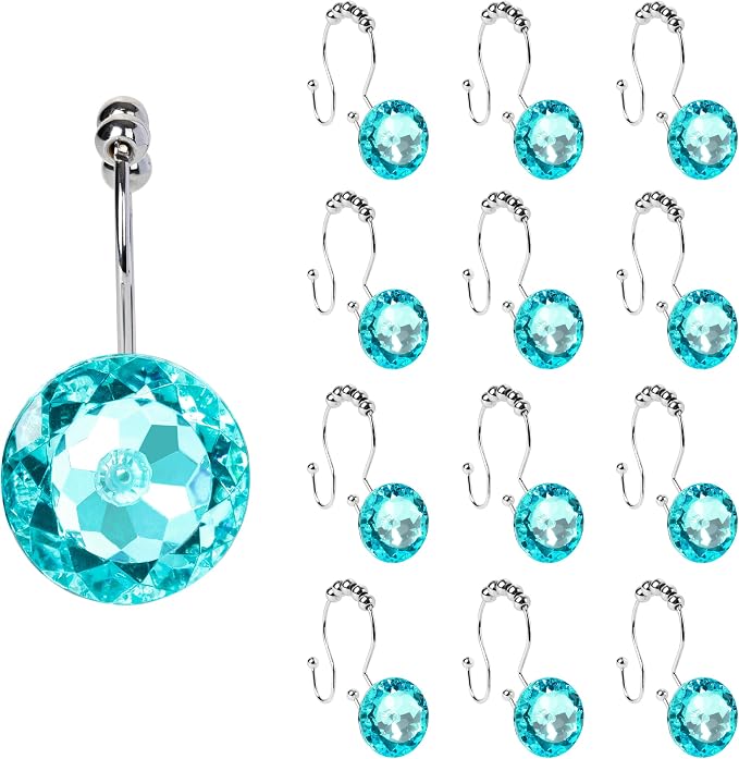 Sunlit Luxury Design Round Teal Blue Diamond Crystal Gem Bling with Glide Balls Double Shower Curtain Hooks for Mermaid Shower Curtains, Rust Proof Metal Rhinestones Glam Shower Curtain Rings-12 Pack