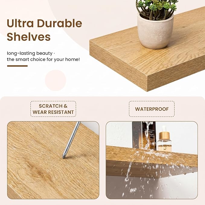 Marsmiles 9.25in Depth 48in Floating Shelves, 48x9.25x1.4, Oak, Set of 2 | Long Wall Mounted Engineered Wood Shelves with Invisible Brackets for Living Room, Bedroom, Bathroom, Kitchen