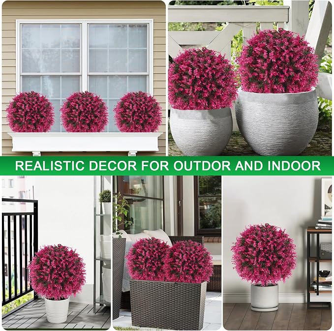 2Pcs Artificial Pink Eucalyptus Topiary Ball Trees,Fake Bushes | Fake Evergreen Plants with Ground Spike,UV Resistant, No Maintenance,Faux boxwood for Outdoor Indoor Front Porch Garden Decor