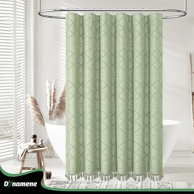 Long Boho Shower Curtain Tufted Geometric 72"x78" Sage Green | 78 Inch Tall, Elegant Tassel, Lightweight Textured Fabric, Water Repellent, Washable, Hotel Spa, for Bathroom/Dorm 12 Hooks
