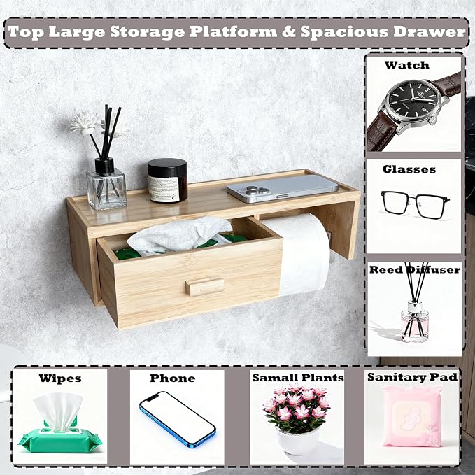 Bamboo Toilet Paper Holder with Shelf,Wall Mount Bathroom Holder with Wet Wipes Storage Drawer(Natural)