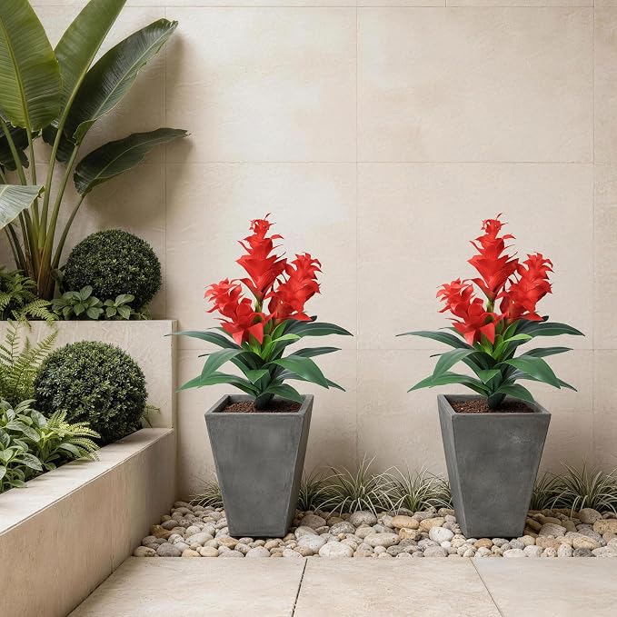 Ivydale Artificial Flowers for Outdoors, 2 Pcs 20.47" 3-Head Bromeliad Fake Plants UV Resistant Artificial Plants Outdoor Tropical Flowers for Planters Outside Porch Patio Yard Garden Indoor Decor