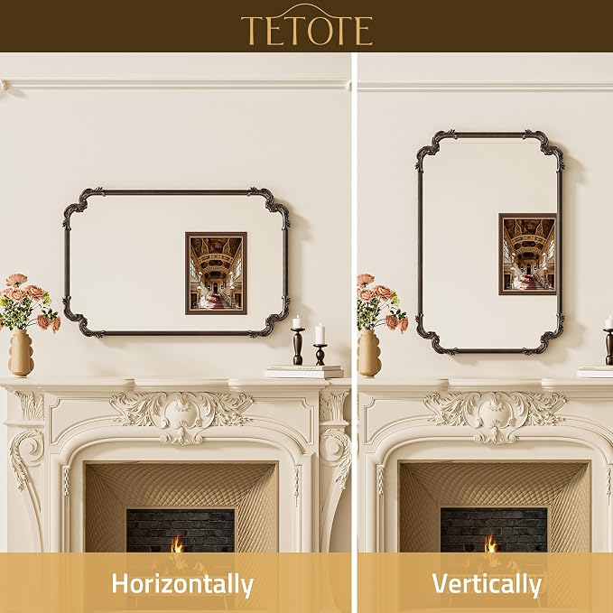 Baroque Antique Bronze Scroll Wall Mirror 42 x 36 Vintage Rectangle Framed Baroque French Rectangular Mirror for Mantle Fireplace Bathroom Living Room, Horizontal/Vertical