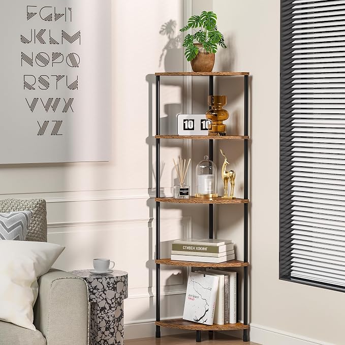 Corner Plant Stand Shelf, 5 Tier Tall Shelf Plant Stand for Indoor Plants, Rustic Brown Corner Bookshelf Wall Decor Living Room, 44.1" Display Shelf for Bedroom, Bathroom, Small Space