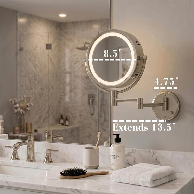 JERDON Hardwired Wall-Mount Makeup Mirror - 8X/1X - Nickel - HL88NLD | 8.5" Round Frame, 13.5" Wall Arm, LED Lighting, Direct Wire Installation