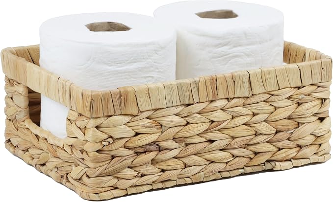 Wicker Baskets, Water Hyacinth Baskets for Organizing, Rattan Woven Baskets | Organizer Bins with Built-in Handles, Rectangular Storage Baskets for Shelves, Closet and Bathroom Organizer