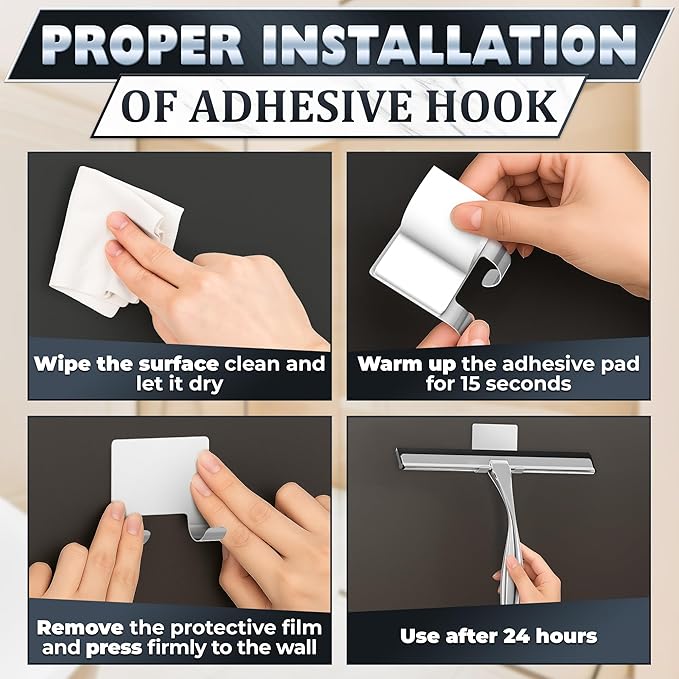 12 in Bathroom Squeegee for Shower Glass, Stainless Steel (Silver) | Shower Squeegee for Glass Doors, Silicone Blade, Adhesive and Hanging Hooks, for Bathroom, Mirror, Tile, Window, and Car