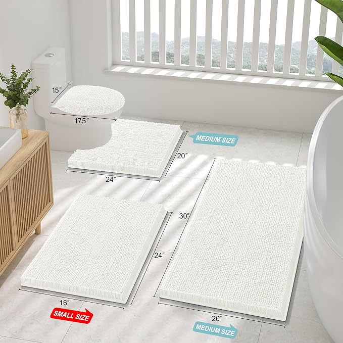 Smiry Bathroom Rugs 24X16, Luxury Chenille Extra Soft Absorbent Bath Mat | Ivory, Machine Washable Non-Slip Plush Bath Mats for Bathroom, Tub, Shower, and Floor, Home Decor