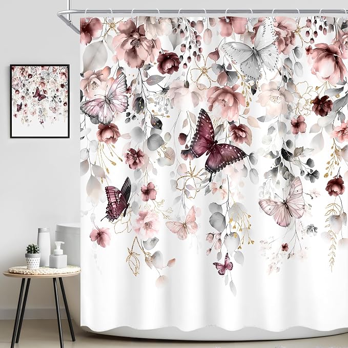 Grey Pink Floral Butterfly Spring Summer Bathroom Shower Curtain Set | 72"W x 72"L Plant Natural design with waterproof HD artwork, quick-dry fabric and hooks for easy hanging.