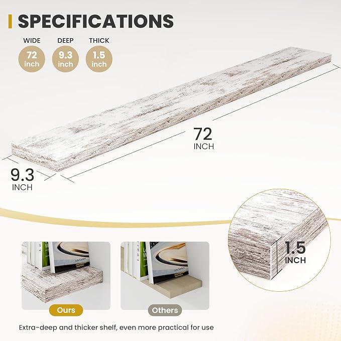 Acovy 72 Inch Floating Shelves, 9.3" Deep Floating Shelf Wall Mounted, 72" Wall Shelves, Rustic Deep Bookshelf, Large Display Shelves & Storage Shelves for Bedroom, Living Room, Rustic, Set of 1