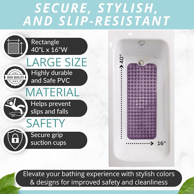ENKOSI Non-Slip Bath & Shower Mat 40x16 Extra Long, Suction & Drain Holes | Purple color; Durable PVC; 40x16 in, Purple