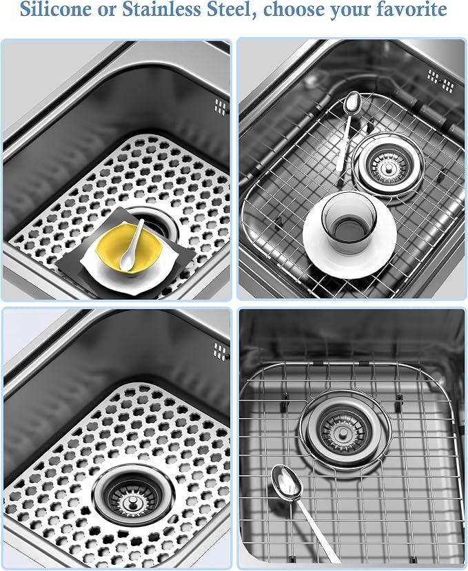 Silicone Sink Protector Kitchen Sink Mat 2 Pack 13.58"x 11.6" White | Heat-resistant Non-Slip and Durable Silicone Protectors Mat, Center Drain