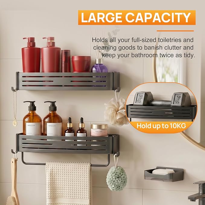 Gun Grey Adhesive Square Shower Caddy with Towel Bar, Soap Dish and Hooks | No-drill gun grey shower basket with towel bar, soap dish and hooks for smooth tile, glass and stainless steel bathroom walls