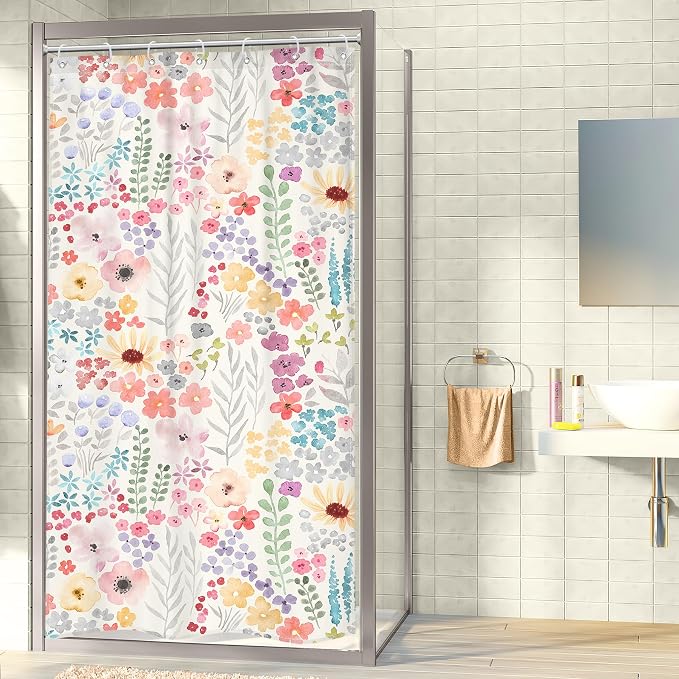 Small Stall RV Colorful Floral Wildflower Art Bathroom Shower Curtain Set | 36"W x 72"H Watercolor Leaves; waterproof HD print, quick-dry fabric with 12 hooks for easy hanging.