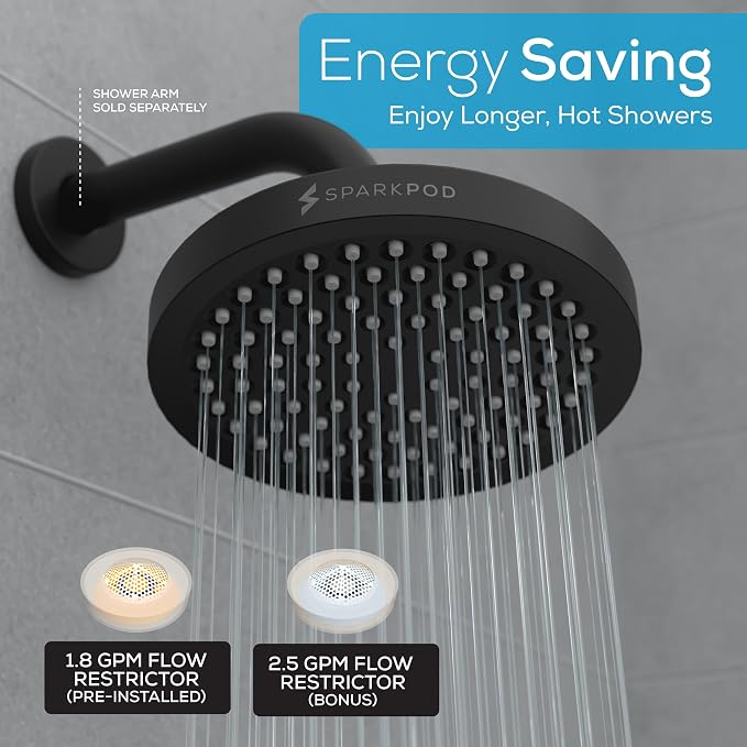 SparkPod Rain Shower Head, 6 Inch Round, Midnight Black Matte Finish | High Pressure Shower Heads, 90 Nozzles, Adjustable Showerhead, No Tools Needed, Universal Connection