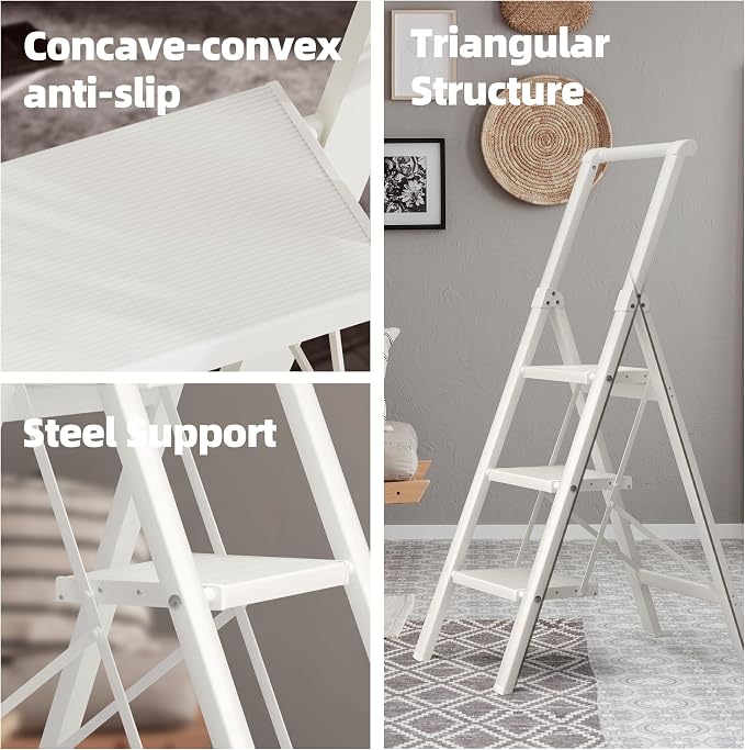 HillhutApex Aluminum 3 Step Ladder, Step Stool Foldable Ladder(White) | Anti-Slip Pedals,330lbs Capacity,Lightweight Folding Ladders for Home,Office,Libaray