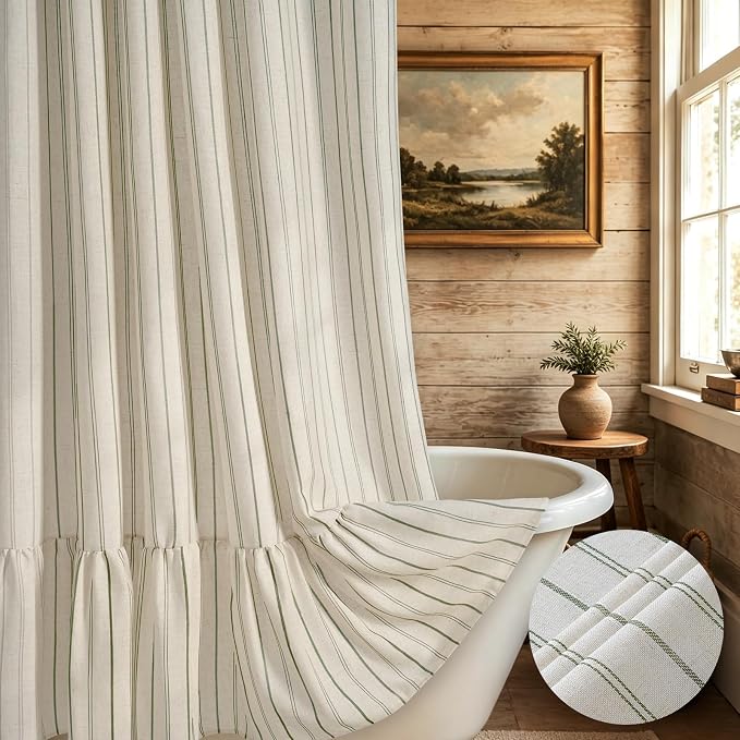 Yinhua Farmhouse Shower Curtain with Ruffle, Green Striped Linen Shower Curtains Set with Hooks for Bathroom, Country Vintage Long Bath Curtain Waterproof Weighted Washable Fabric, 72" W x 84" L