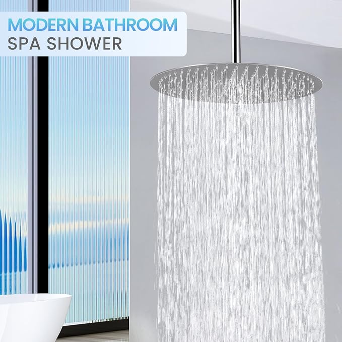 16 Inch Round Rainfall Shower Head Chrome - All Metal Stainless Steel 304, Full Body Rainfall Shower with 230 Silicone Nozzles