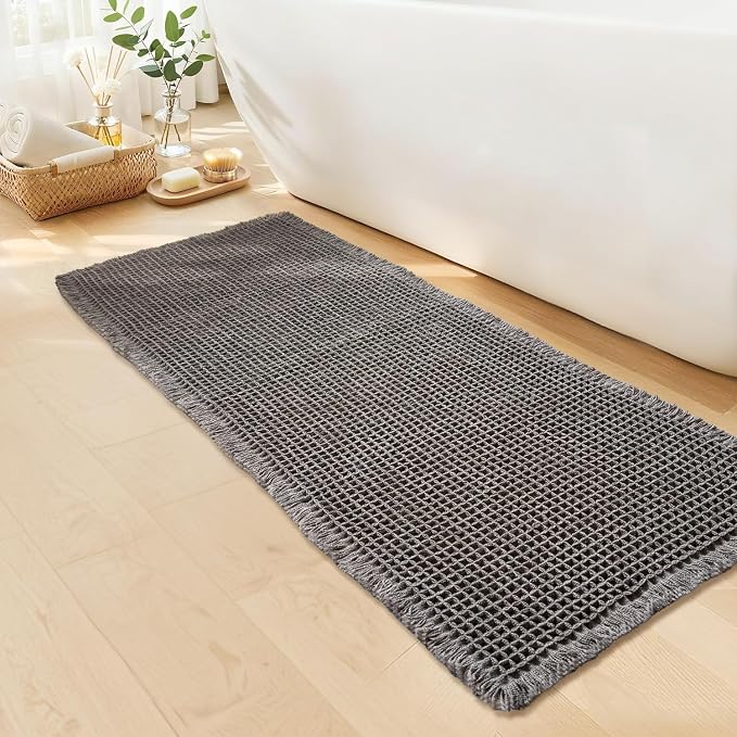 Waffle Bath Mat, Boho Bathroom Rugs Non Slip Washable, 24" x 48" | Super Absorbent Quick Dry Bath Mat, Boho Bathroom Mats, Soft Waffle Weave Farmhouse Bathroom Decor, Dark Grey
