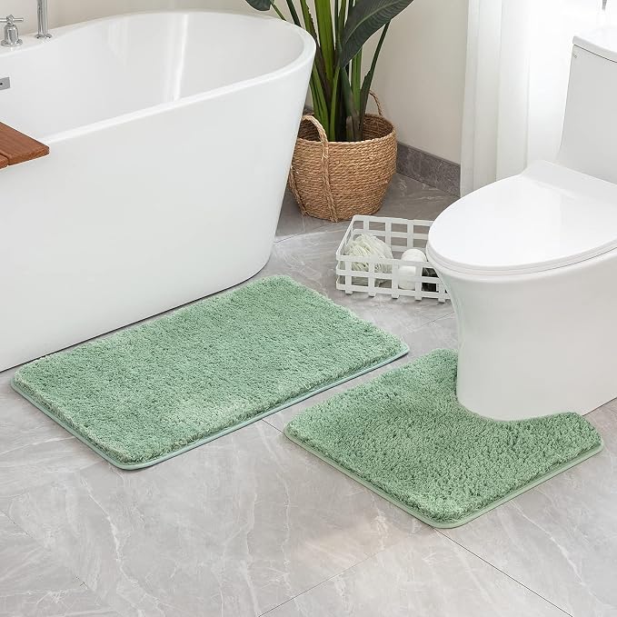 MIULEE Sage Green Microfiber Toilet Bath Rug U-Shaped Contour 24x24 Inch | Absorbent, Non Slip, Quick Dry, Fluffy Bath Rugs for Bathroom Floor Tub Showers, Machine Washable