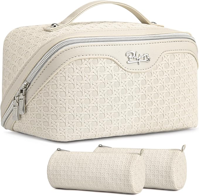 BOYATU Travel Makeup Bag Cosmetic Bags for Women: 3 Pcs Set Make up Bag | Large Capacity Waterproof Vegan Leather Organizer Bags with Compartments - Lay flat Toiletry with Handle (M-72Off-white)