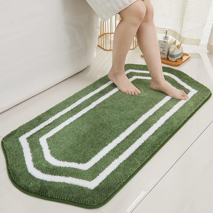 COSY HOMEER Non-Slip Bath Mat Extra Thick Absorbent Plush Washable | 24"x48" White/Green Non-Slip Extra Thick Plush Absorbent Machine Washable Bath Mat Bathroom Rug Floor Tub Shower