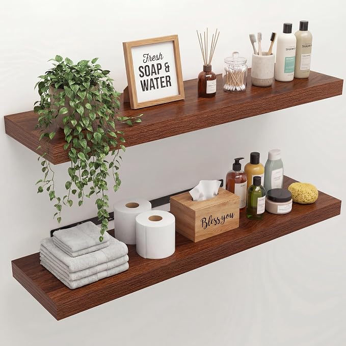 36 in Floating Shelves for Wall Decor Color Walnut,Pack 2 | Modern floating shelves for living room,bedroom,kitchen and bath.Organize & display books,photos and decor.easy mount,sturdy.