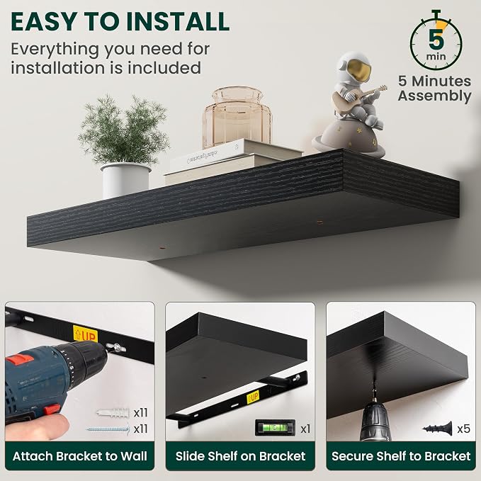 Floating Shelves for Wall, 24 Inch x 8 Inch Deep Wall Mounted Wood Shelf with Invisible Brackets for Storage & Display, Living Room Bedroom Kitchen, Black, Set of 2