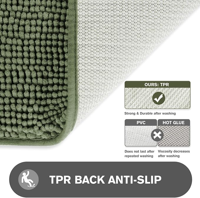 Small Bathroom Rug 12"x18" – Washable and Absorbent Bath Mat, Non Slip, Thick Soft Chenille Bath Rugs for Bathroom, Shower, Sink, Dog mat(Loden Green)