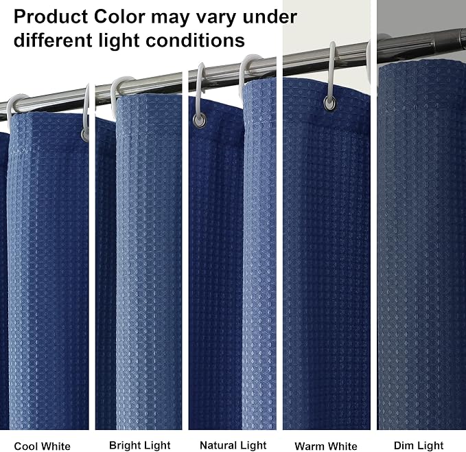 Long Fabric Shower Curtain Set, Waffle Textured Shower Curtain for Bathroom - Weight 230GSM Heavy Duty Hotel Spa Luxury Bath Curtain Set with 12 Plastic Hooks, 72x78, Blue