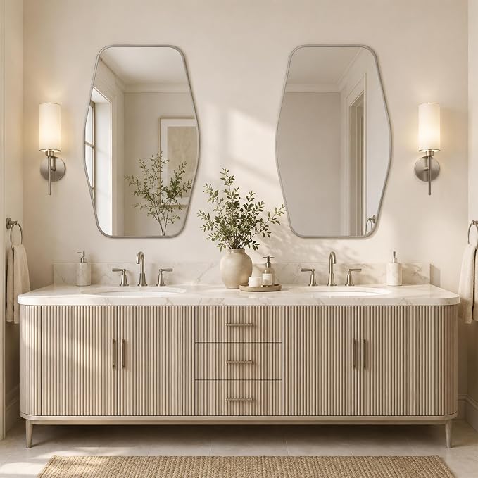 Brushed Nickel Tapered Rectangle Bathroom Mirror, 24x36 Inch | Aluminum alloy frame, tempered glass, two-way keyhole mount, for bedroom, hallway, console