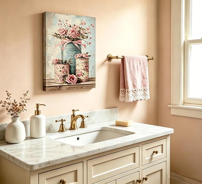 XcwDt is Pink Rose Canvas Wall Art,Vintage Bathroom Canned Flower Painting Print,Rustic Farmhouses Flower Wall Decor, for Living Room Bedroom Bathroom Home Decoration 12 x 16 In