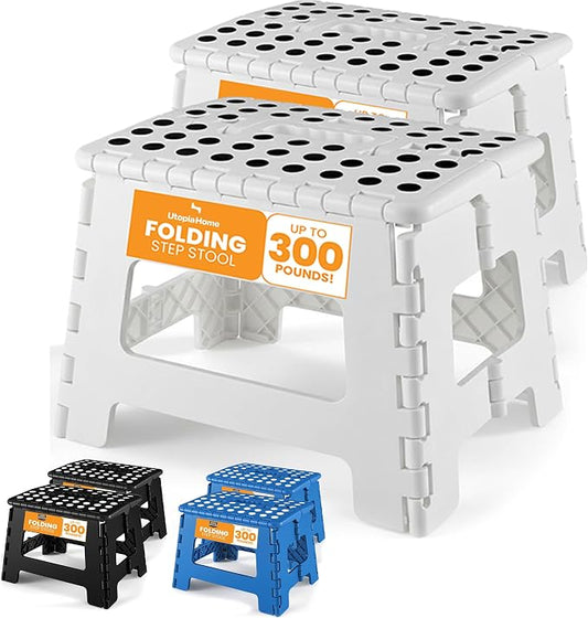 Utopia Home Folding Step Stool 9 Inch, Anti-Slip, White, 2-Pack | Foldable step stool with anti-slip surface, built-in handle, and 300 lbs support for safe home use.