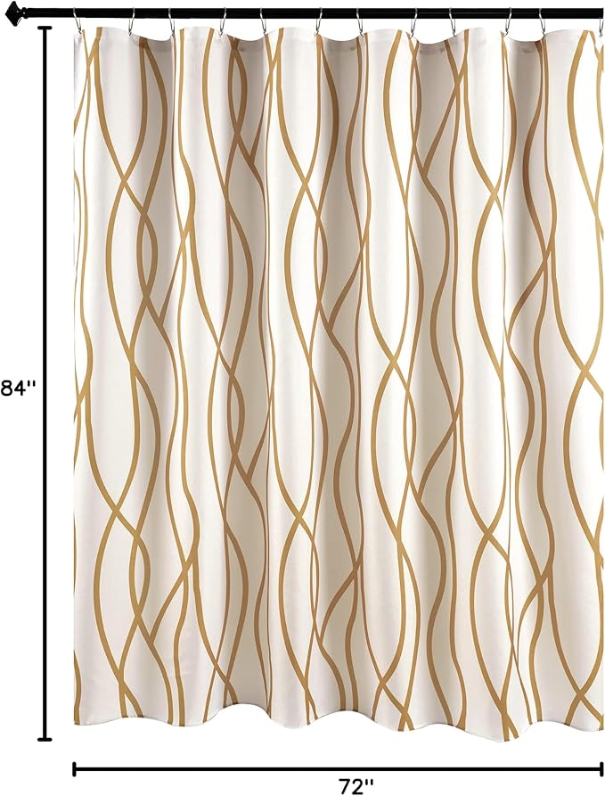 Biscaynebay Extra Long Textured Fabric Shower Curtain 72 W x 84 L, Gold Striped Printed Linen Modern Hotel Luxury Quality Cloth Bathroom Curtains Machine Washable