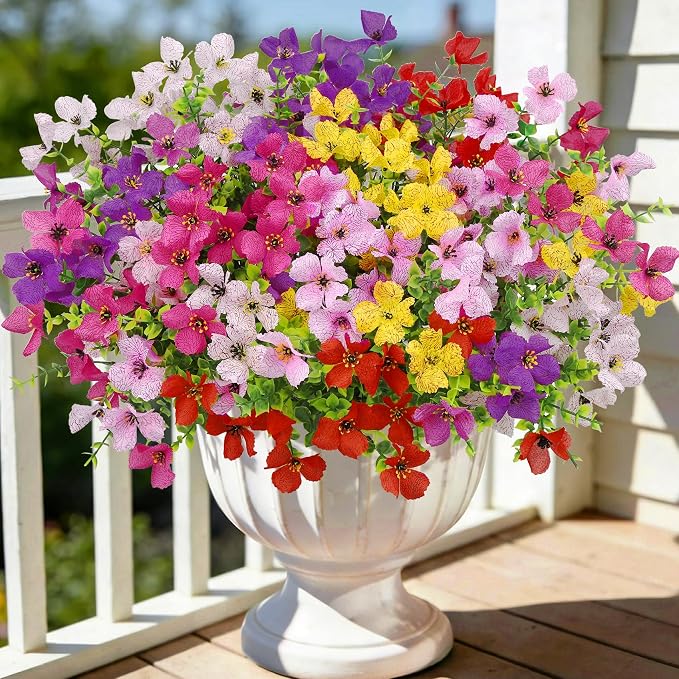 16 Pcs Multicolor Artificial Flowers for Outdoors Decorations | Realistic, silk flowers, faux plastic plants, UV resistant, for summer garden porch window vase indoor outdoor home decor