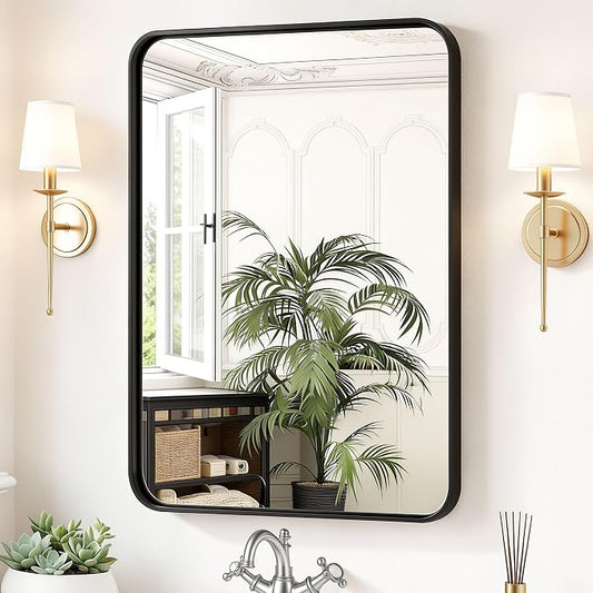 Sweetcrispy Bathroom Wall Mirror, 36x24 Inch Mirror for Over Sink, Black | Modern Wall Mount Vanity Mirror, Rounded Rectangle with Matte Brush Metal Framed, for Home Decor, Living Room, Bedroom