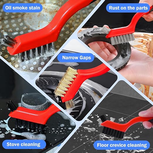 Wire Brush Set, 6 Pcs Brass/Stainless Steel/Nylon Wire Brushes | Red, 7" Total Length for Tight Spaces, For Cleaning with Curved Handle Grip for Rust Removal, Dirt, Paint Scrubbing