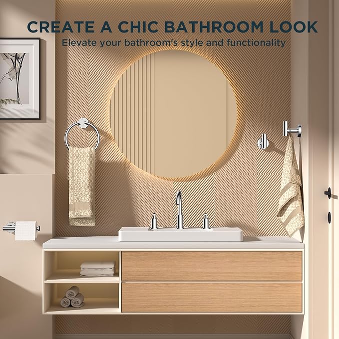 FORIOUS Bathroom Accessories Set, 4-Piece Bathroom Hardware Set | Chrome | SUS304 Stainless Steel Towel Ring, 2 Towel Hooks, and Toilet Paper Holder Wall Mounted