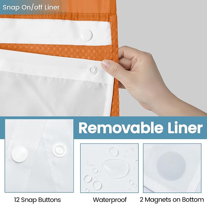 Heavyweight Waffle No Hook Shower Curtain with Liner, Burnt Orange, 71x74 | Snap in Liner, 256GSM, Thick, Hotel Luxury Spa, Waterproof Fabric, Corner Magnets, 3 in 1 Set, Washable, Hang in Seconds