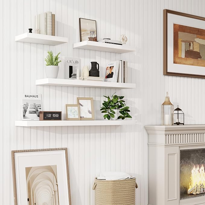 Marsmiles 72in Floating Shelves for Wall, 72" W x 9.25" D x 1.5" H, White | Long Wall Mounted Engineered Wood Shelves for Wall with Invisible Brackets for Living Room, Bedroom, Bathroom, Kitchen