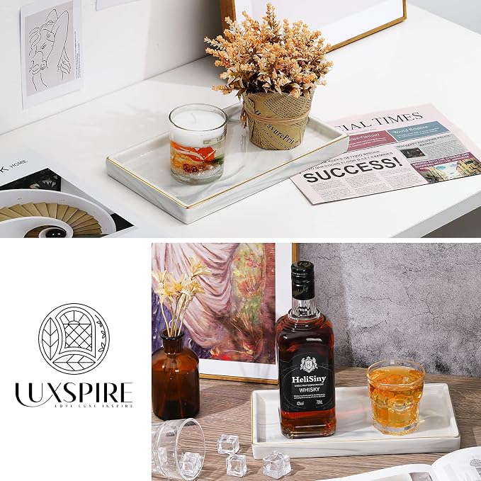 Luxspire Bathroom Vanity Tray Ceramic Jewelry Dish, M, Marble White | 11 x 6.3 inch Smooth matte ceramic, easy clean, anti-slip bottom, organize soap dispenser jewelry candles