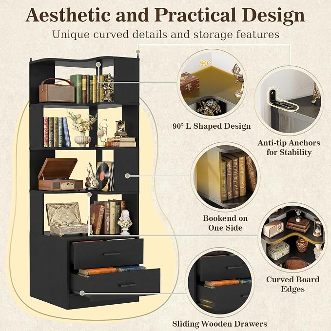 Corner Book Shelf with Drawers, Small Corner Shelf with Drawers | L Shaped BookShelf 6-tier Bookcase for Bedroom Storage, Living Room, Home Office, Kitchen Pantry, Black