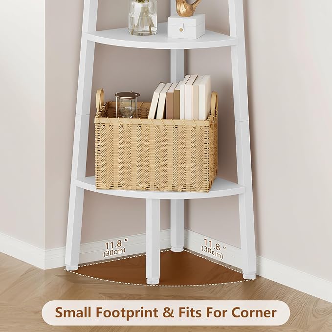 Hoctieon Corner Shelf, 3-Tier 40" Tall Corner Bookshelf, Rustic Ladder Shelf, Industrial Display Stand for Living Room, Kitchen, Home Office, Balcony, Small Space, Metal Frame, White