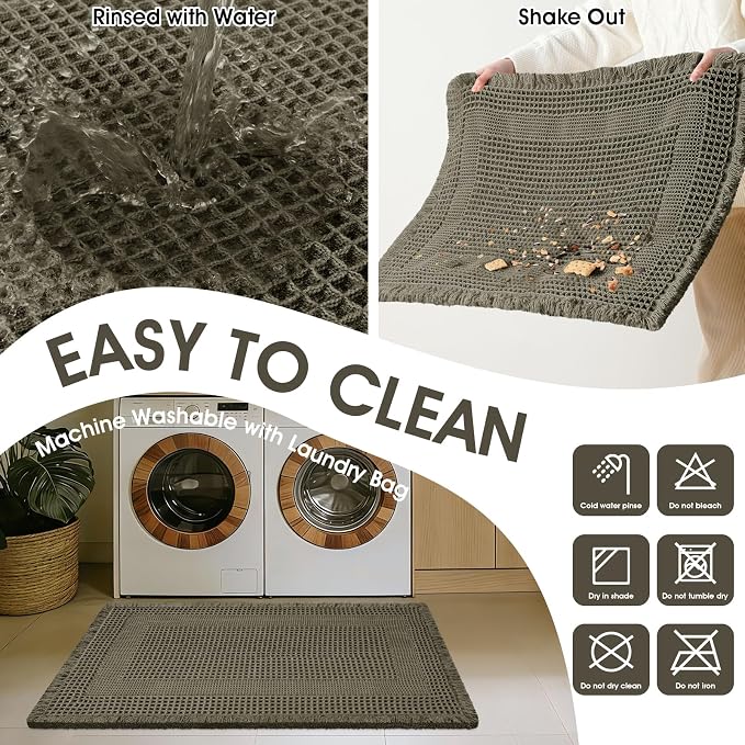 Upgraded Waffle Bath Mat, 36"x24" Greyish Green-Looped, Super Absorbent Non-Slip Quick Dry Bathroom Rugs with Tassels, Machine Washable Ultra Soft Boho Bath Rugs, Toilet Mats Boho Farmhouse Decor